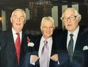 Hilary Terry, the designer behind the most famous colourbank in the carpet industry. Pictured here with Tony Hardwick and Jim Bennett, both former Sales Directors at Jim's retirement dinner.